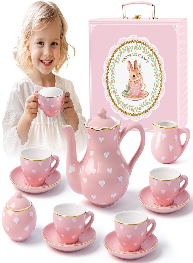 TUZT Tea Party Set for Little Girls Ages 3-8, Pink Heart Porcelain Tea Set with Gold Trim Edges, Princess Tea Time Toy Includes Pot & Cups & Saucers & Suitcase, Birthday Gifts for Toddlers Girls - Image 1